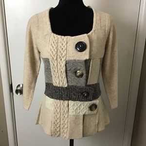 Anthropologie Patchwork Cable Knit Sweater in Beige and Gray